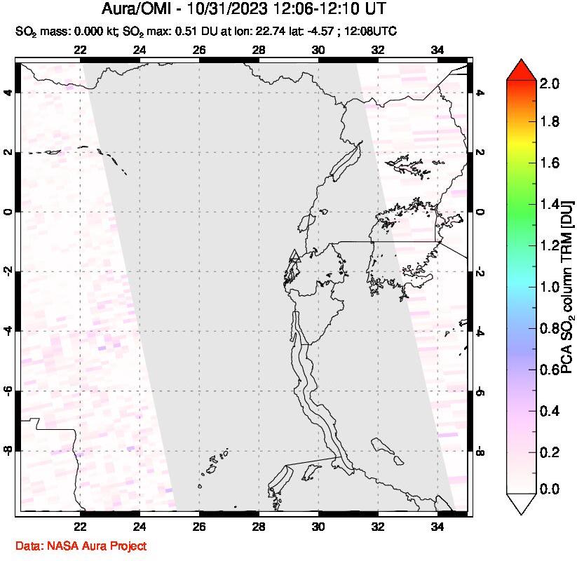 A sulfur dioxide image over Nyiragongo, DR Congo on Oct 31, 2023.