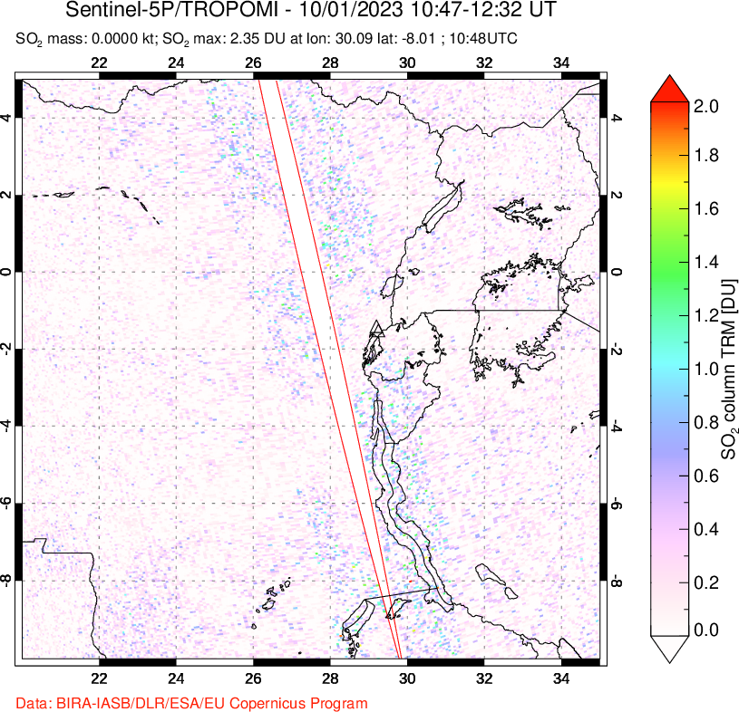 A sulfur dioxide image over Nyiragongo, DR Congo on Oct 01, 2023.