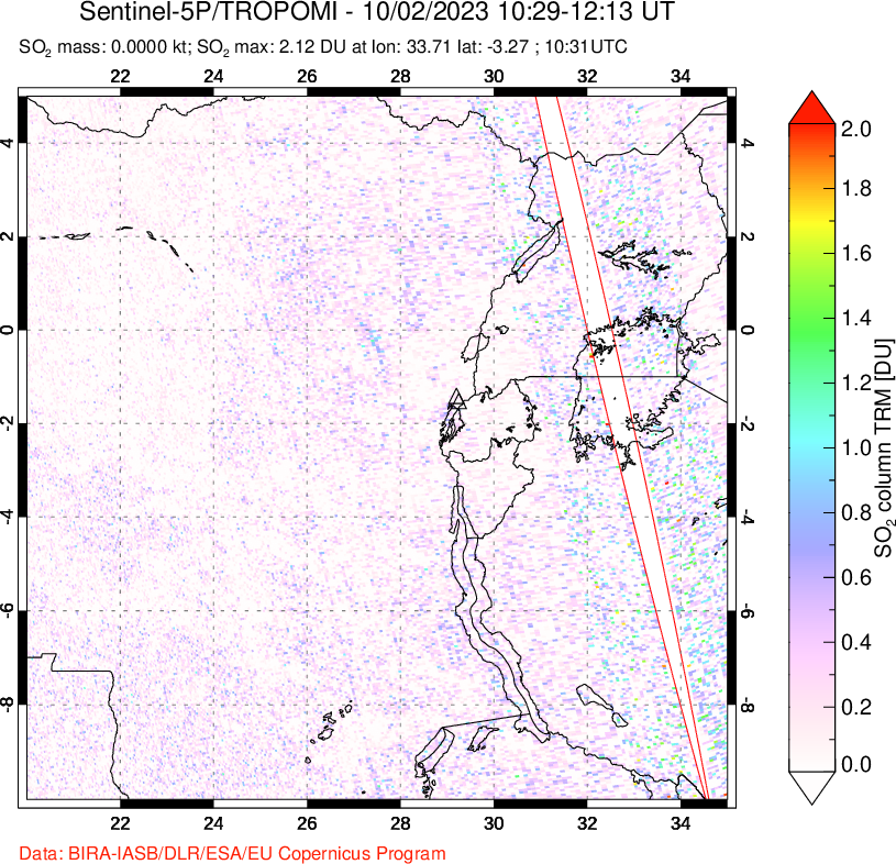 A sulfur dioxide image over Nyiragongo, DR Congo on Oct 02, 2023.