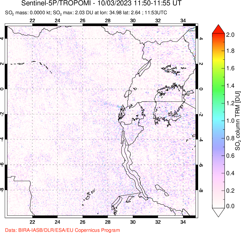 A sulfur dioxide image over Nyiragongo, DR Congo on Oct 03, 2023.