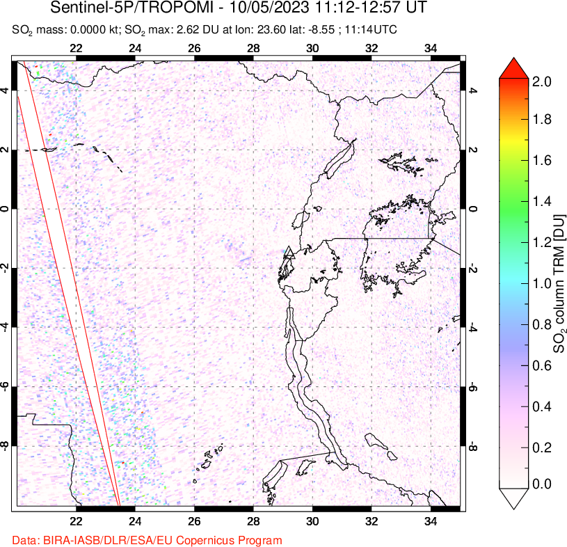 A sulfur dioxide image over Nyiragongo, DR Congo on Oct 05, 2023.