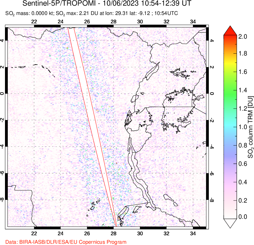 A sulfur dioxide image over Nyiragongo, DR Congo on Oct 06, 2023.