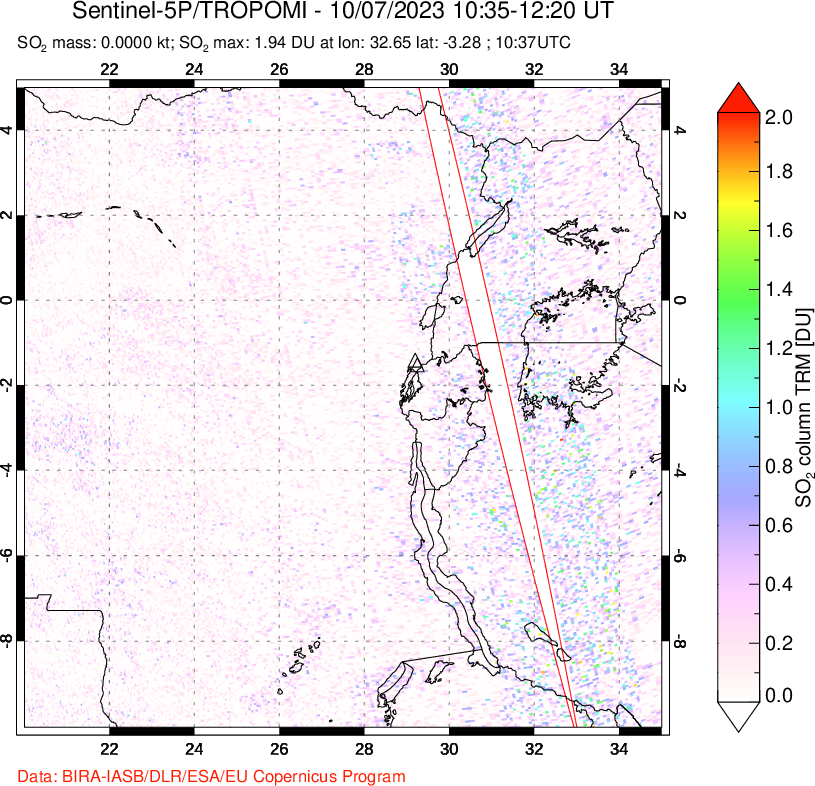 A sulfur dioxide image over Nyiragongo, DR Congo on Oct 07, 2023.