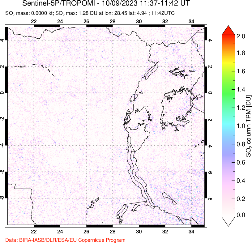 A sulfur dioxide image over Nyiragongo, DR Congo on Oct 09, 2023.