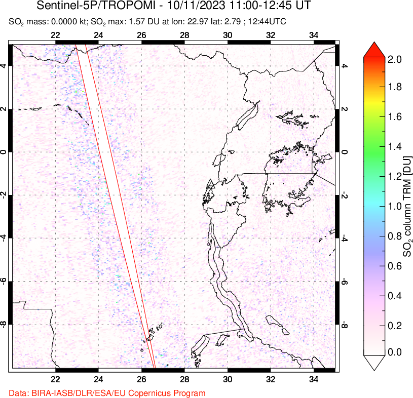 A sulfur dioxide image over Nyiragongo, DR Congo on Oct 11, 2023.