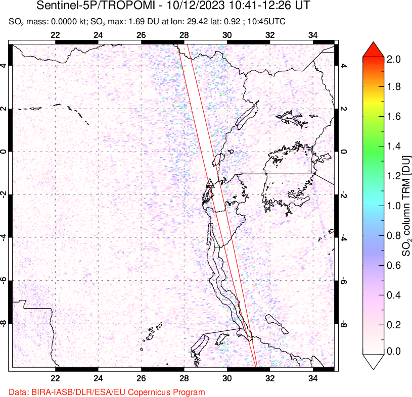 A sulfur dioxide image over Nyiragongo, DR Congo on Oct 12, 2023.