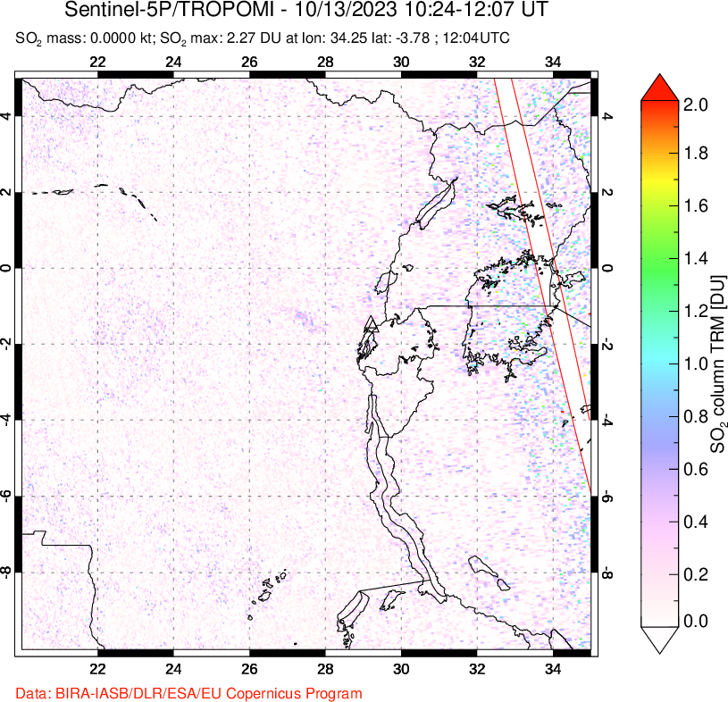 A sulfur dioxide image over Nyiragongo, DR Congo on Oct 13, 2023.