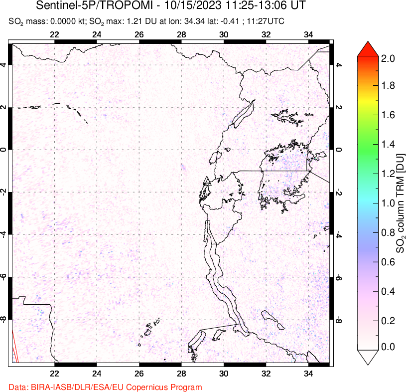 A sulfur dioxide image over Nyiragongo, DR Congo on Oct 15, 2023.