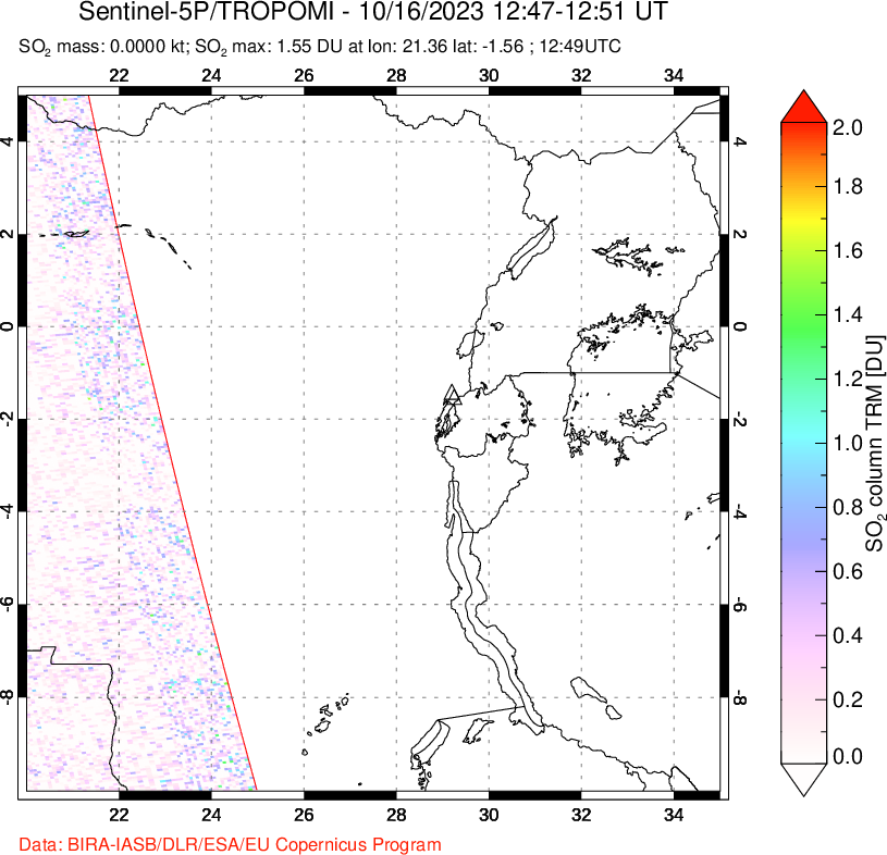 A sulfur dioxide image over Nyiragongo, DR Congo on Oct 16, 2023.