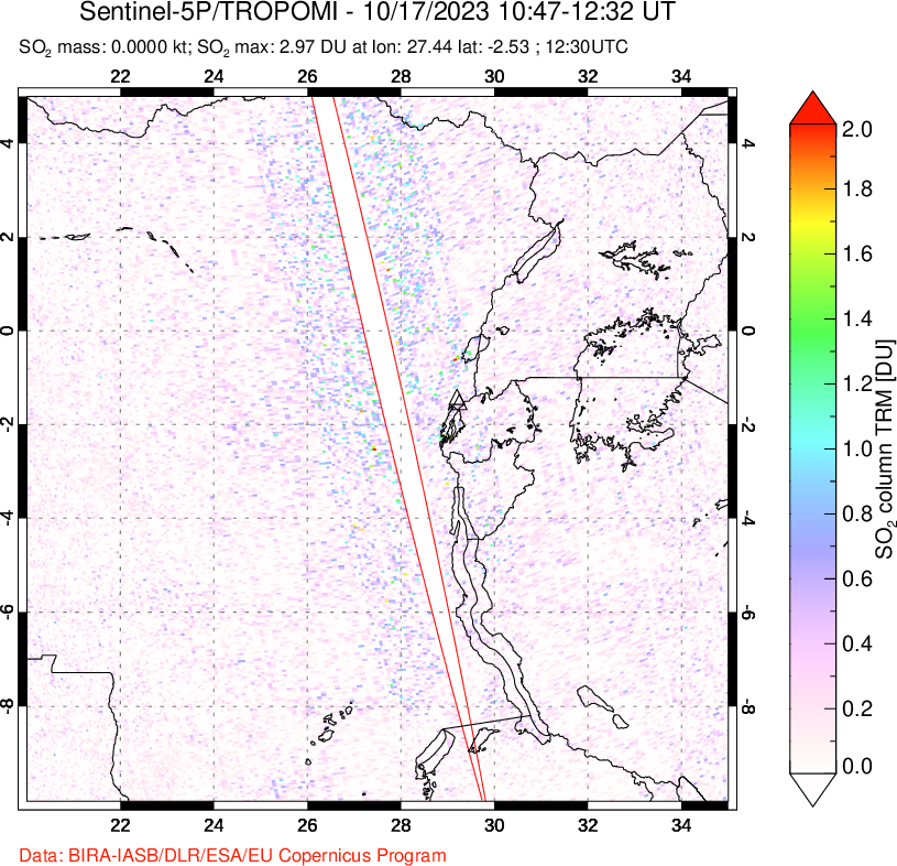 A sulfur dioxide image over Nyiragongo, DR Congo on Oct 17, 2023.