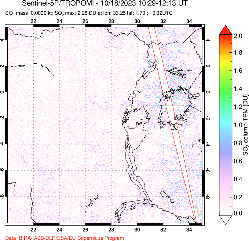 A sulfur dioxide image over Nyiragongo, DR Congo on Oct 18, 2023.