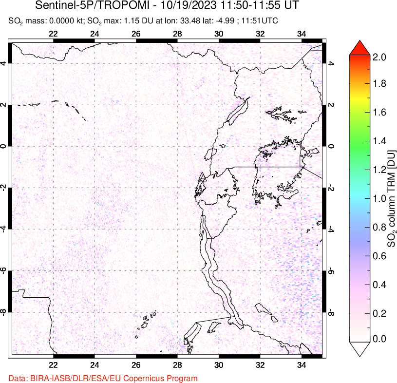 A sulfur dioxide image over Nyiragongo, DR Congo on Oct 19, 2023.