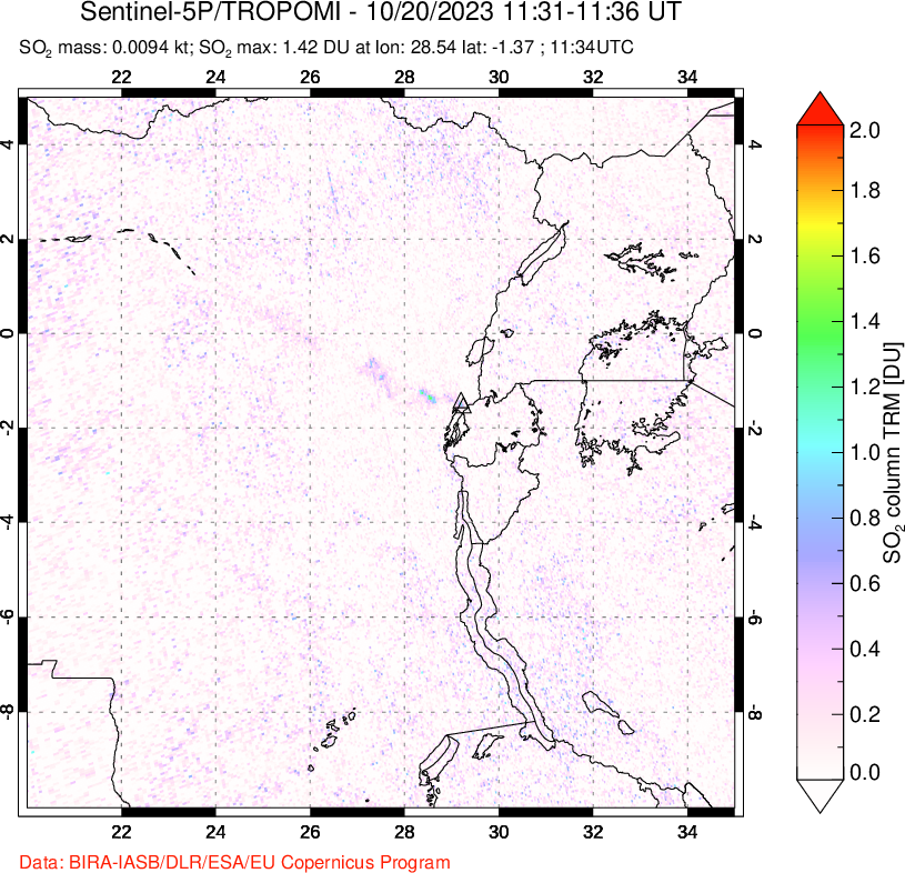 A sulfur dioxide image over Nyiragongo, DR Congo on Oct 20, 2023.