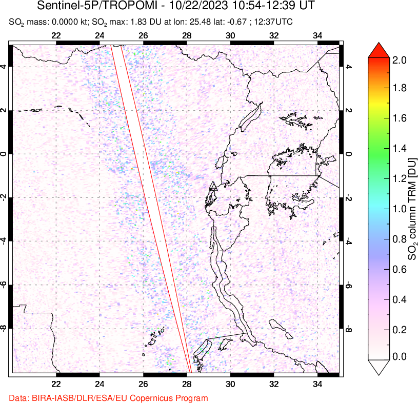 A sulfur dioxide image over Nyiragongo, DR Congo on Oct 22, 2023.