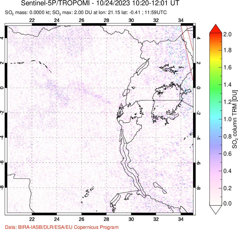 A sulfur dioxide image over Nyiragongo, DR Congo on Oct 24, 2023.