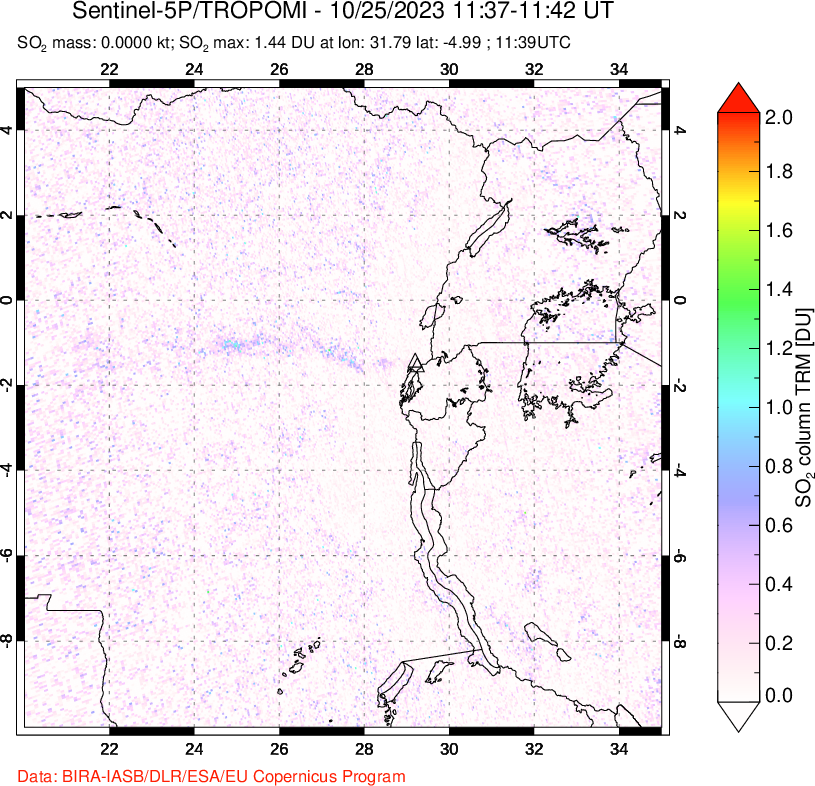 A sulfur dioxide image over Nyiragongo, DR Congo on Oct 25, 2023.