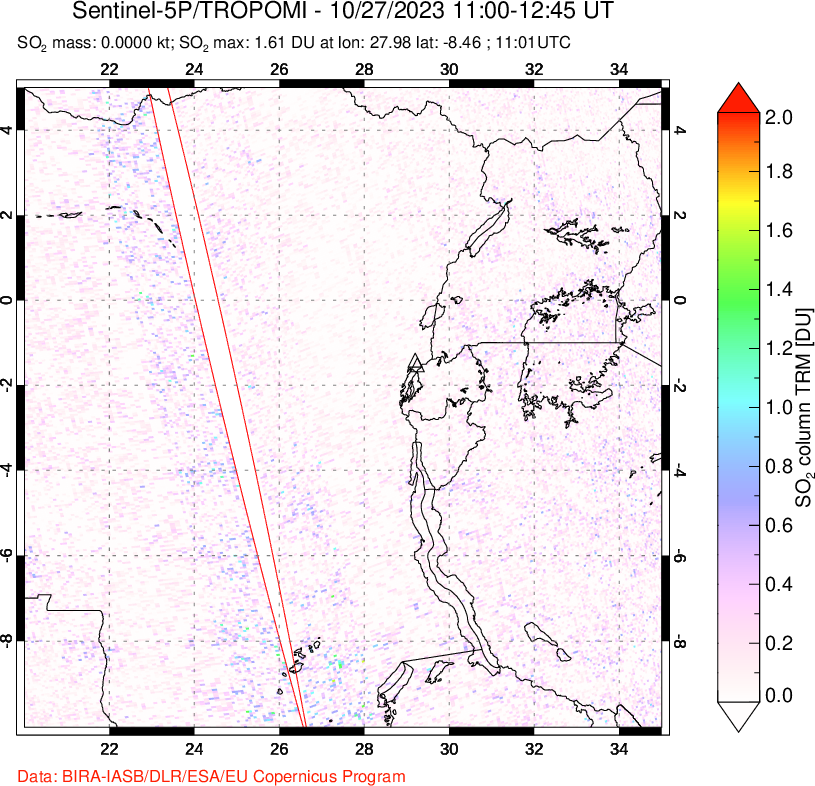 A sulfur dioxide image over Nyiragongo, DR Congo on Oct 27, 2023.