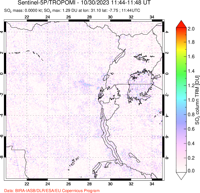 A sulfur dioxide image over Nyiragongo, DR Congo on Oct 30, 2023.