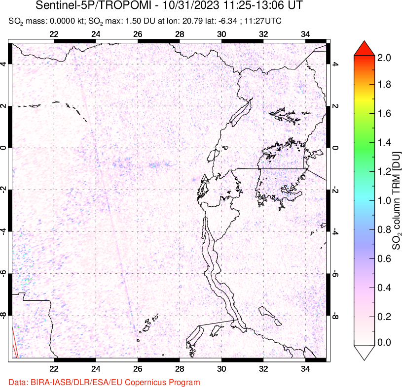 A sulfur dioxide image over Nyiragongo, DR Congo on Oct 31, 2023.