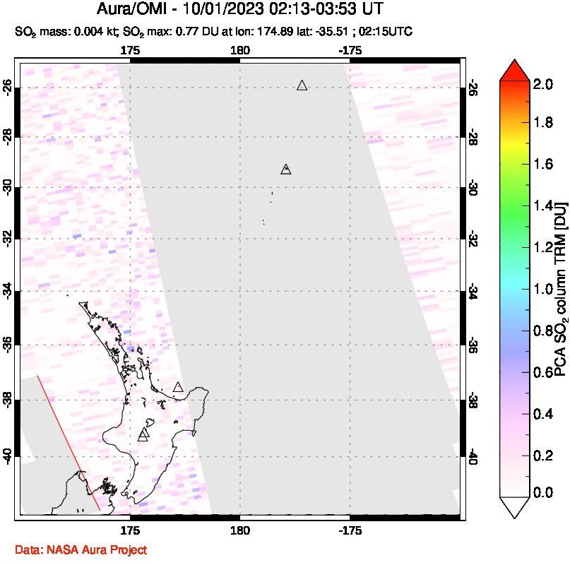 A sulfur dioxide image over New Zealand on Oct 01, 2023.