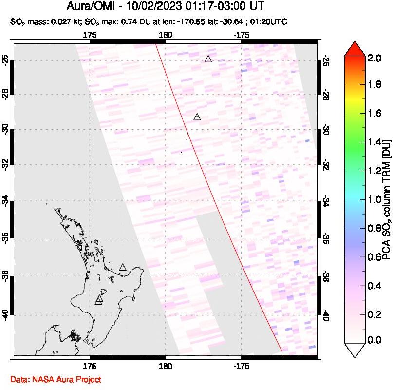 A sulfur dioxide image over New Zealand on Oct 02, 2023.