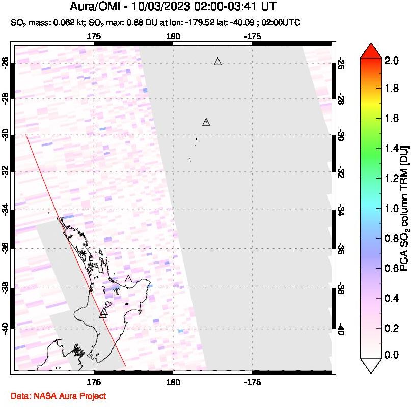 A sulfur dioxide image over New Zealand on Oct 03, 2023.