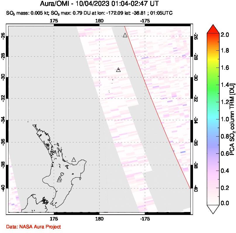 A sulfur dioxide image over New Zealand on Oct 04, 2023.