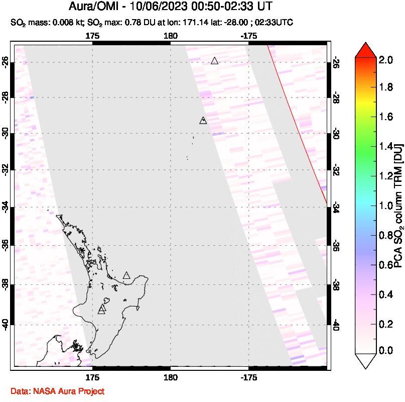 A sulfur dioxide image over New Zealand on Oct 06, 2023.