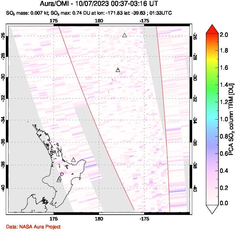 A sulfur dioxide image over New Zealand on Oct 07, 2023.