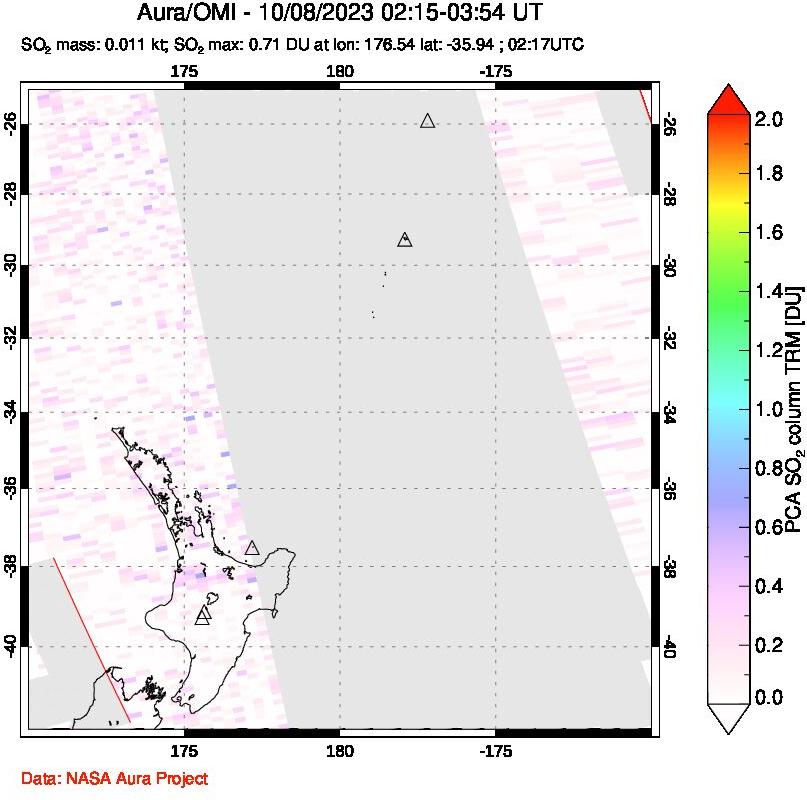 A sulfur dioxide image over New Zealand on Oct 08, 2023.