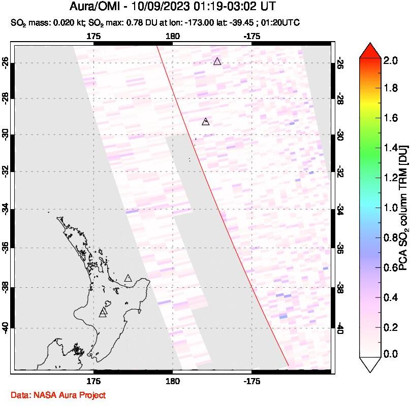 A sulfur dioxide image over New Zealand on Oct 09, 2023.