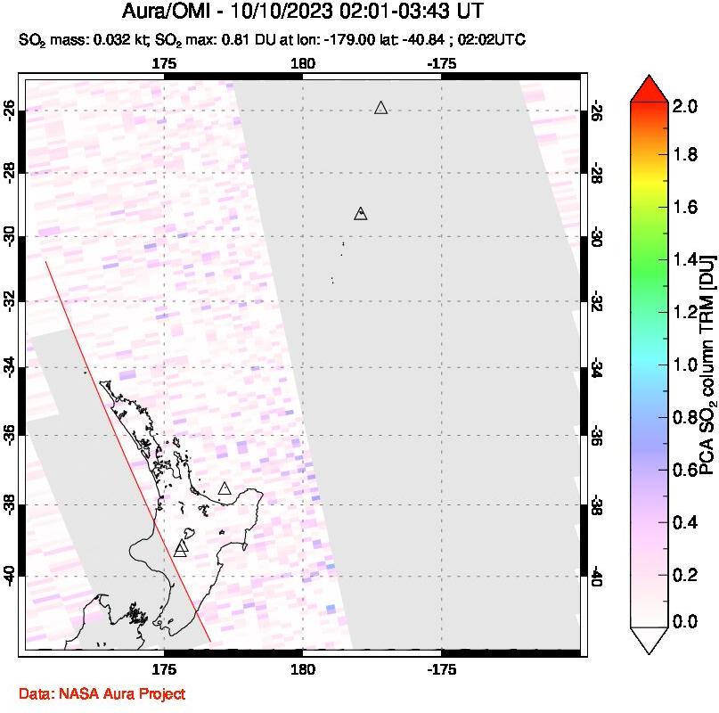 A sulfur dioxide image over New Zealand on Oct 10, 2023.