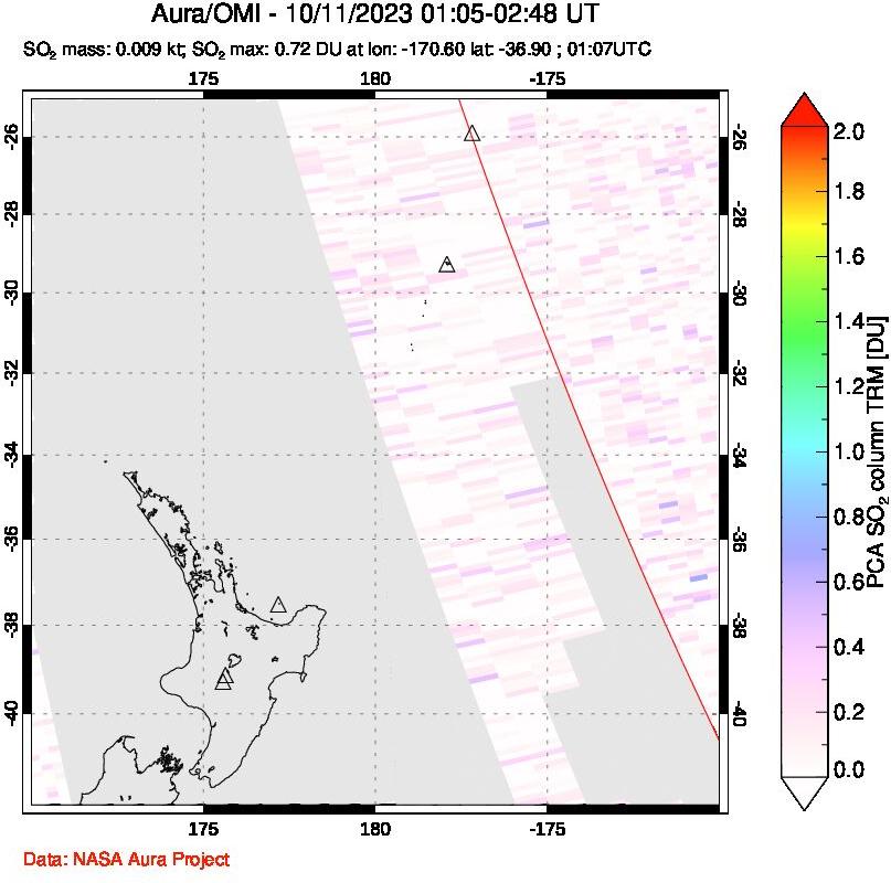 A sulfur dioxide image over New Zealand on Oct 11, 2023.