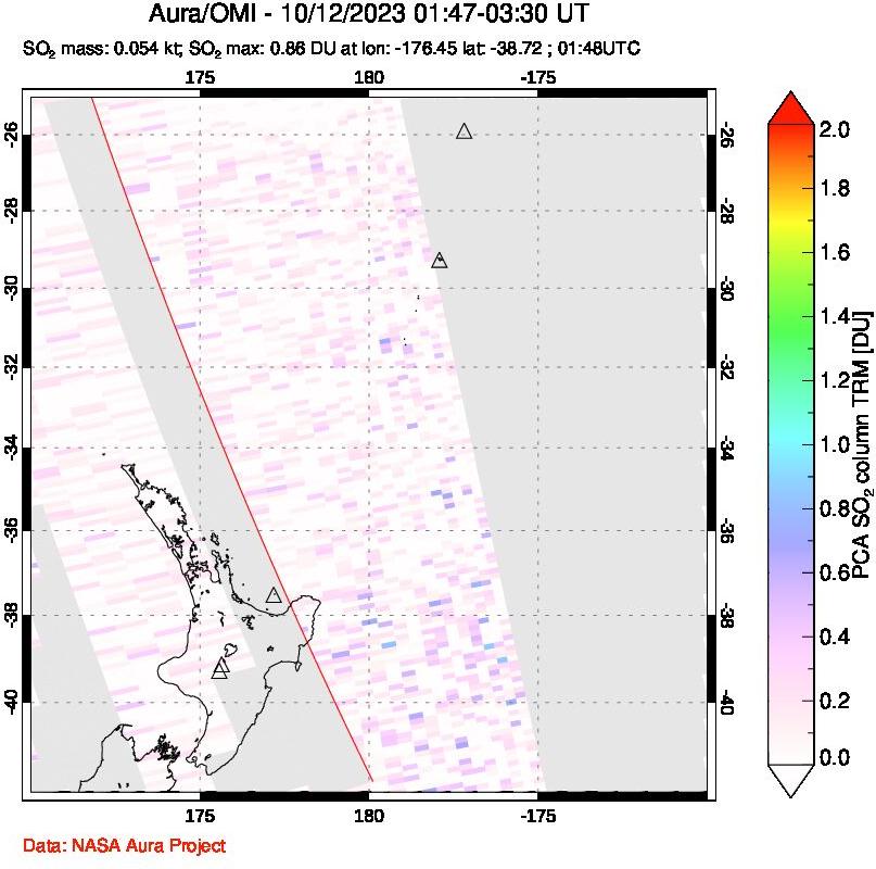 A sulfur dioxide image over New Zealand on Oct 12, 2023.