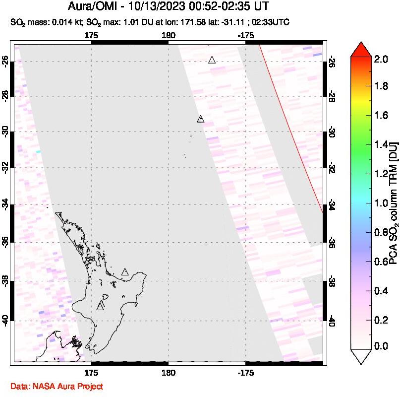 A sulfur dioxide image over New Zealand on Oct 13, 2023.