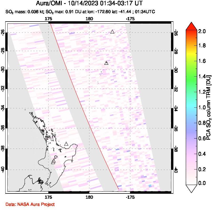 A sulfur dioxide image over New Zealand on Oct 14, 2023.