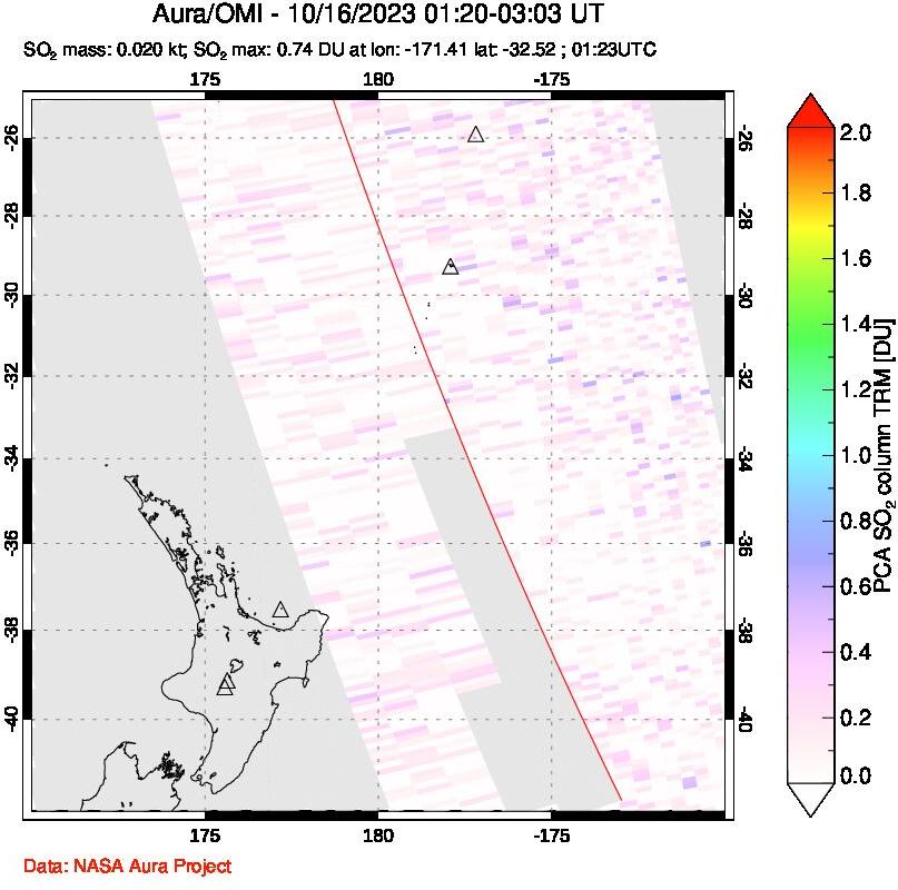 A sulfur dioxide image over New Zealand on Oct 16, 2023.