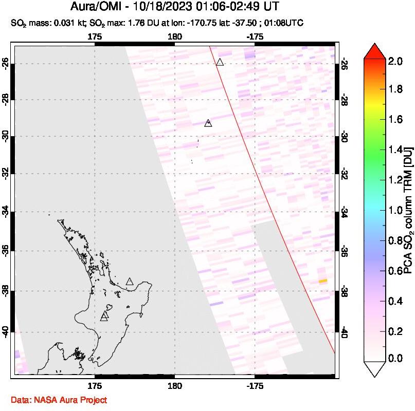 A sulfur dioxide image over New Zealand on Oct 18, 2023.