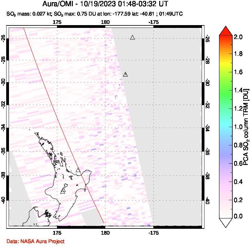 A sulfur dioxide image over New Zealand on Oct 19, 2023.