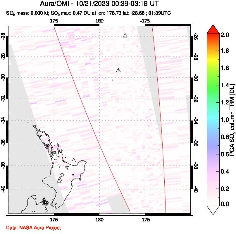 A sulfur dioxide image over New Zealand on Oct 21, 2023.