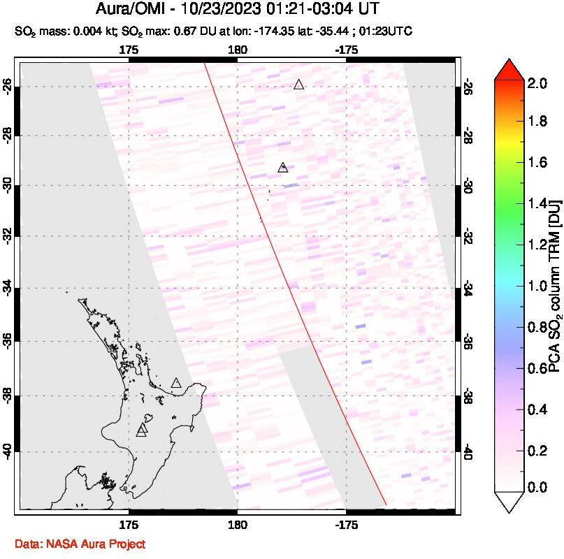 A sulfur dioxide image over New Zealand on Oct 23, 2023.