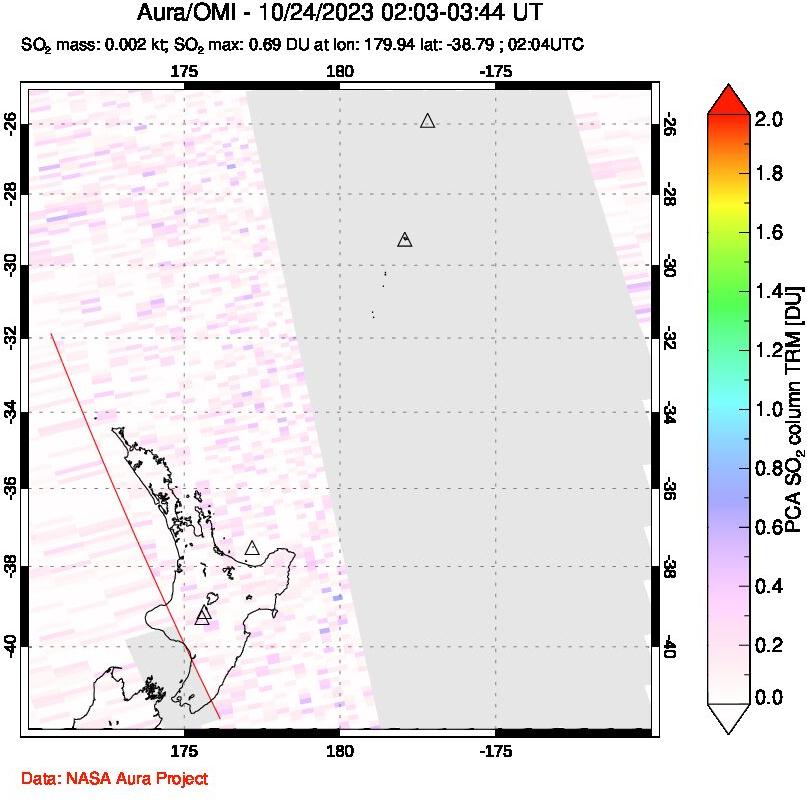 A sulfur dioxide image over New Zealand on Oct 24, 2023.