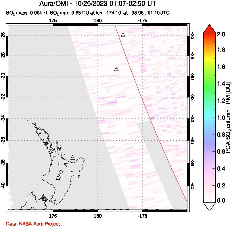 A sulfur dioxide image over New Zealand on Oct 25, 2023.