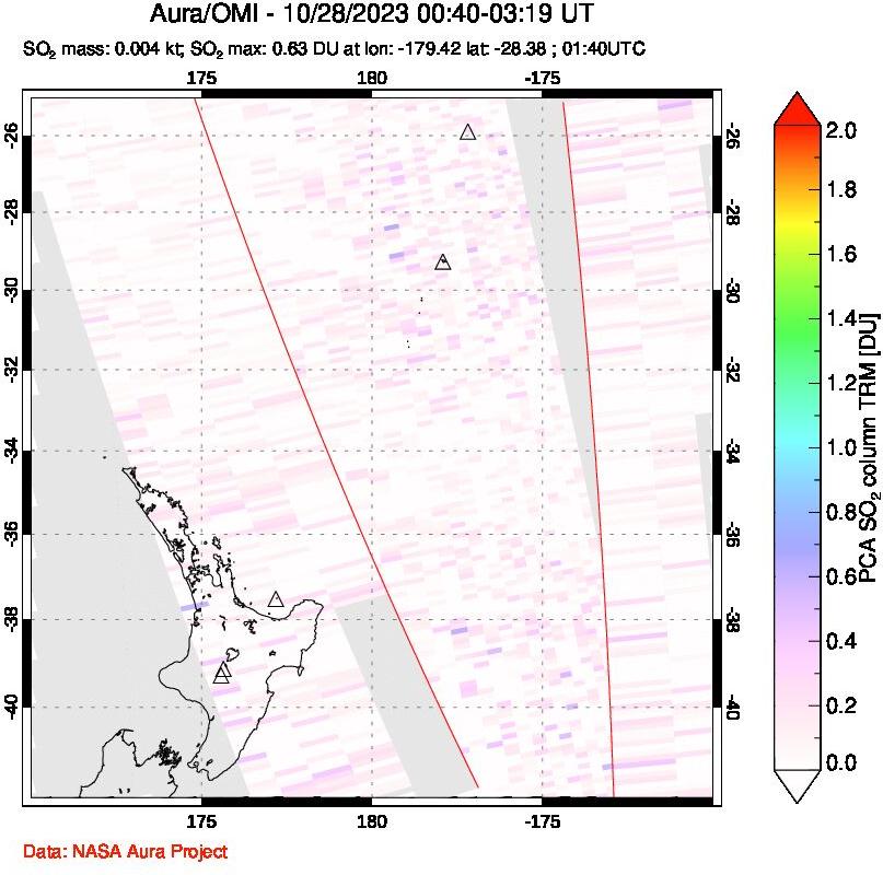 A sulfur dioxide image over New Zealand on Oct 28, 2023.