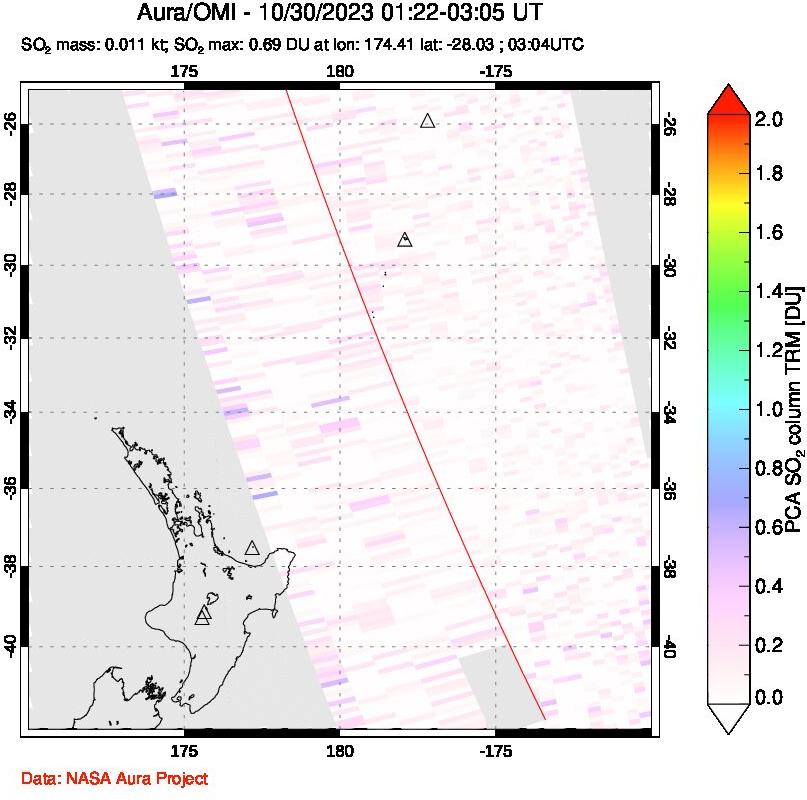 A sulfur dioxide image over New Zealand on Oct 30, 2023.