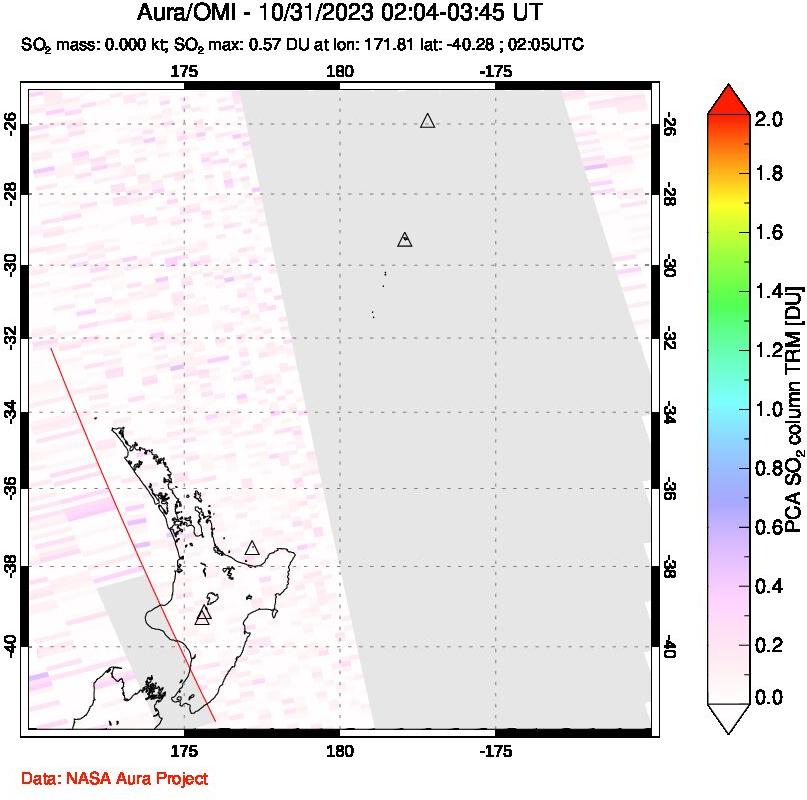 A sulfur dioxide image over New Zealand on Oct 31, 2023.