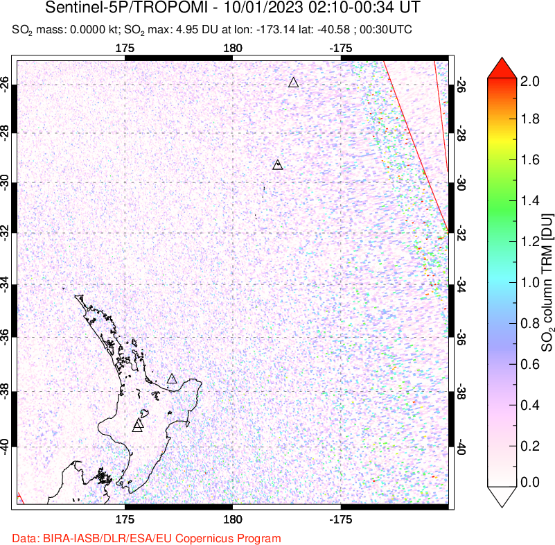 A sulfur dioxide image over New Zealand on Oct 01, 2023.