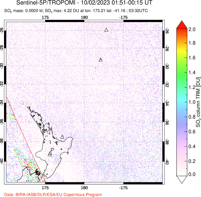 A sulfur dioxide image over New Zealand on Oct 02, 2023.