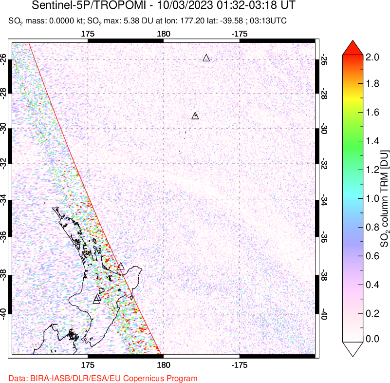 A sulfur dioxide image over New Zealand on Oct 03, 2023.