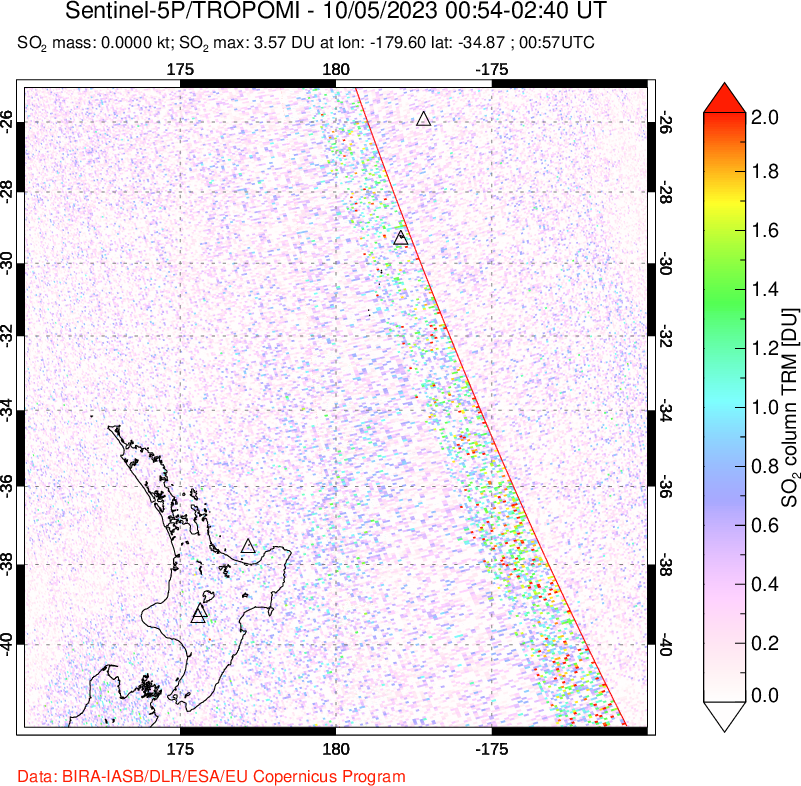 A sulfur dioxide image over New Zealand on Oct 05, 2023.